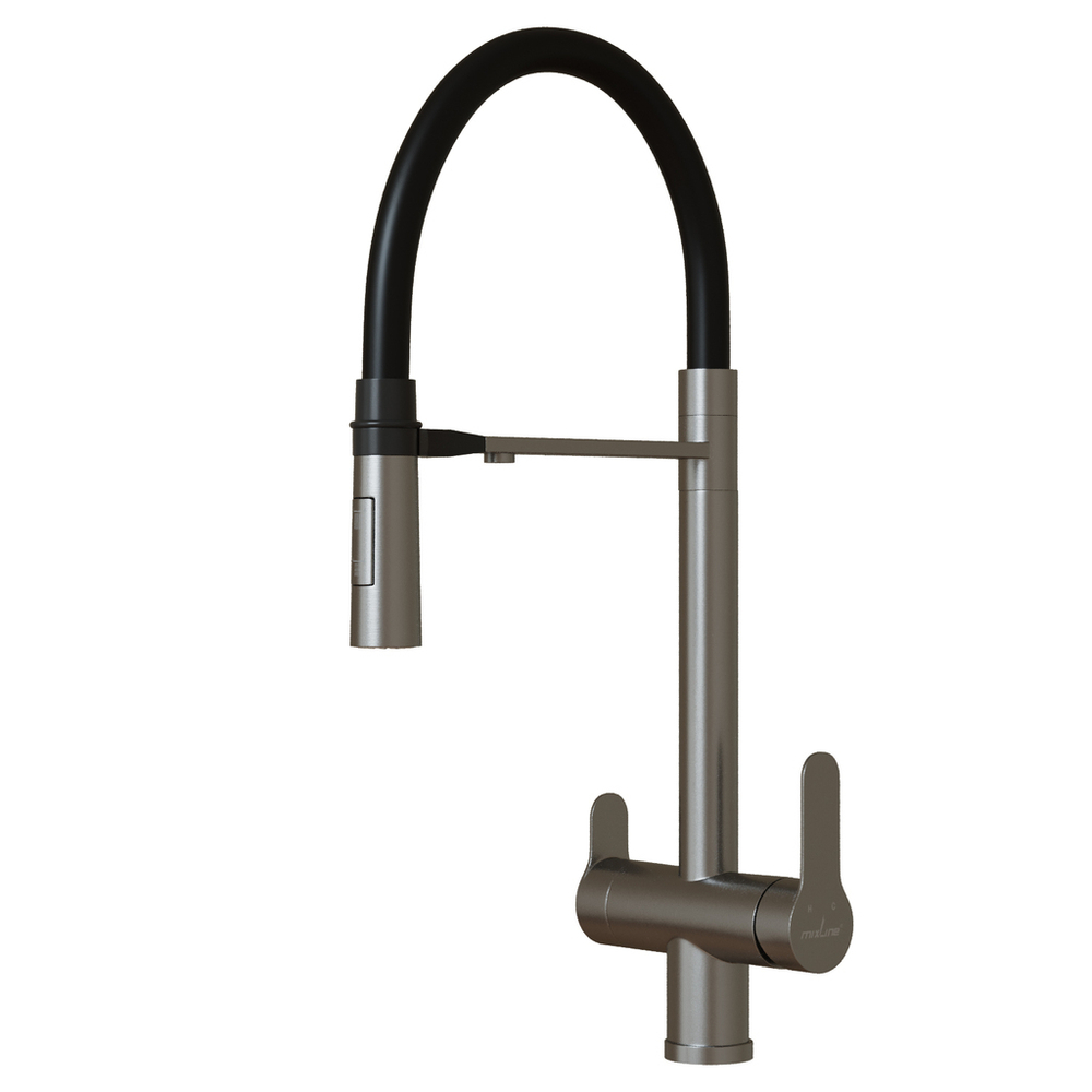 Смеситель для кухни 35k MIXLINE MLSS-0401 черный гиб. излив магнит, подкл.к фильтру, п/гайку САТИН