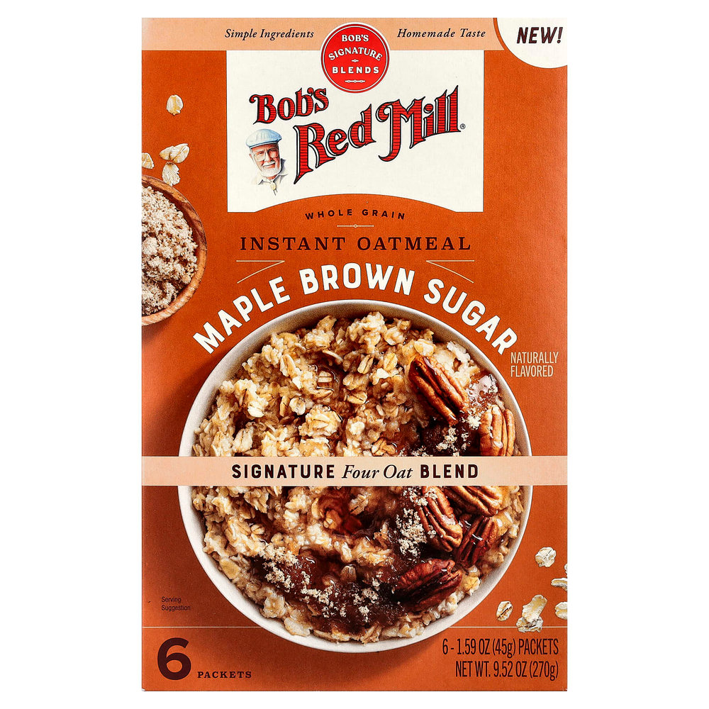 Bob's Red Mill, Овсянка быстрого приготовления, цельнозерновые, кленовый коричневый сахар, 6 пакетиков по 45 г (1,59 унции)