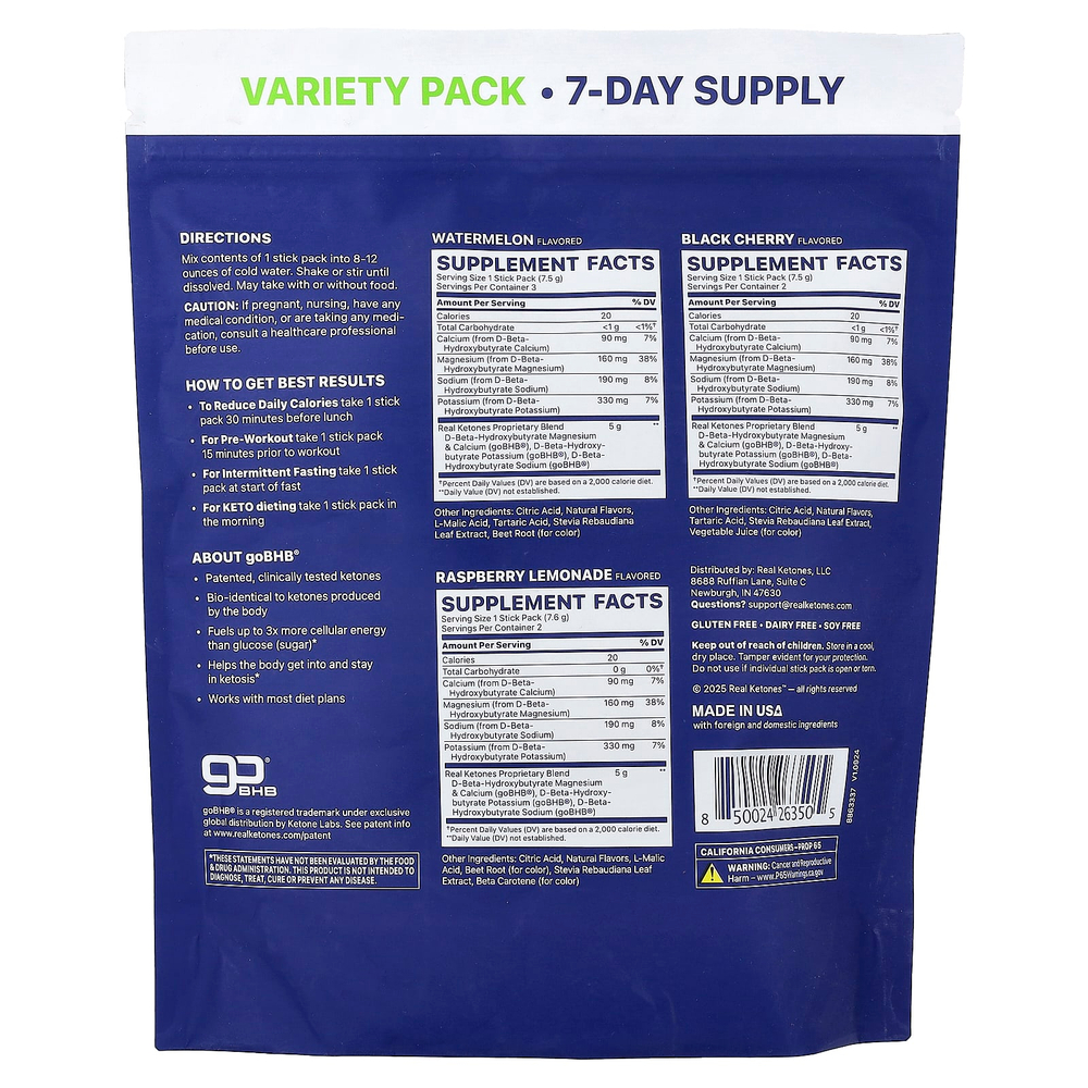 Real Ketones, Shift, набор разных вкусов, арбуз, черная вишня, малиновый лимонад, 7 порционных стиков, 53 г (1,9 унции)