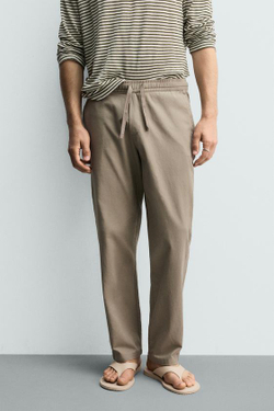 ZARA БРЮКИ RELAXED FIT ИЗ СМЕСИ ХЛОПКА, ЗЕЛЕНЫЙ