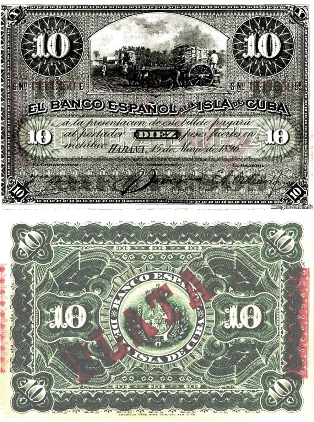 Куба 10 песо 1896 Запряженная волами повозка UNC