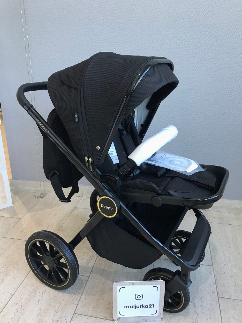 Коляска детская Peppy Monaco 2 в 1 Royal black (черный), рама черный глянец