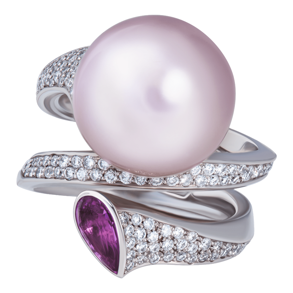 Кольцо с розовым жемчугом, сапфирами и бриллиантами, R0008-0/8