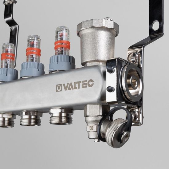 Коллекторный блок Valtec 1"x3/4" 10 выходов с расходомерами (нерж. сталь) VTc.579.EMNX.0610