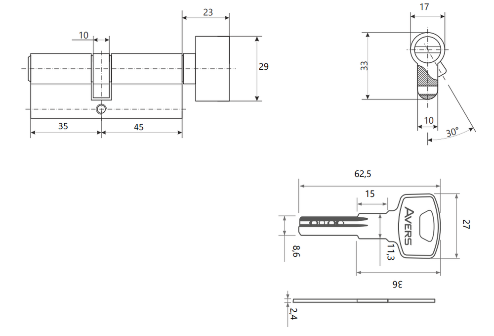 Цилиндровый механизм Avers GM-80(35/45C)-C-CR