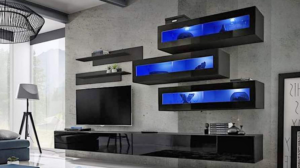 Гостиная 23 МДФ Черный DM089-6Т (глянец) / Черный 0190 PE 320*40*180 см, Черный, Черный МДФ   Фиеста