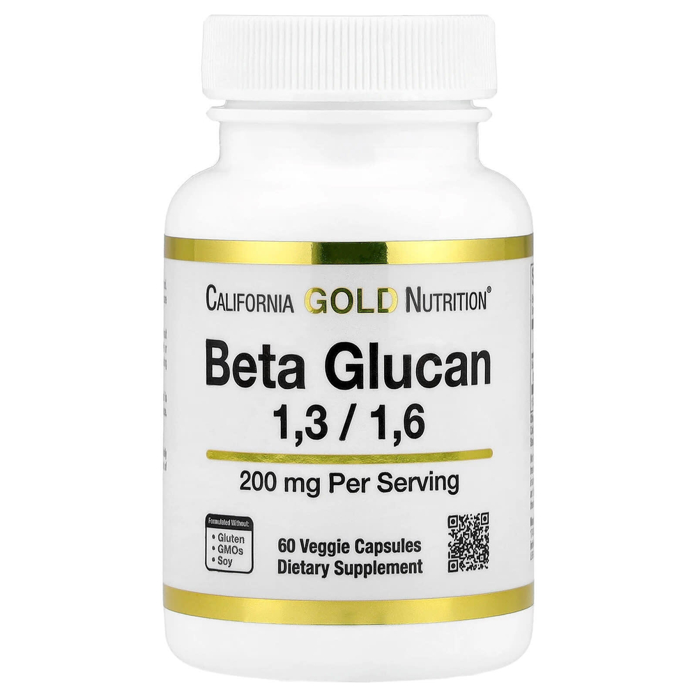 California Gold Nutrition, бета-глюкан 1–3, 1–6, 200 мг, 60 растительных капсул
