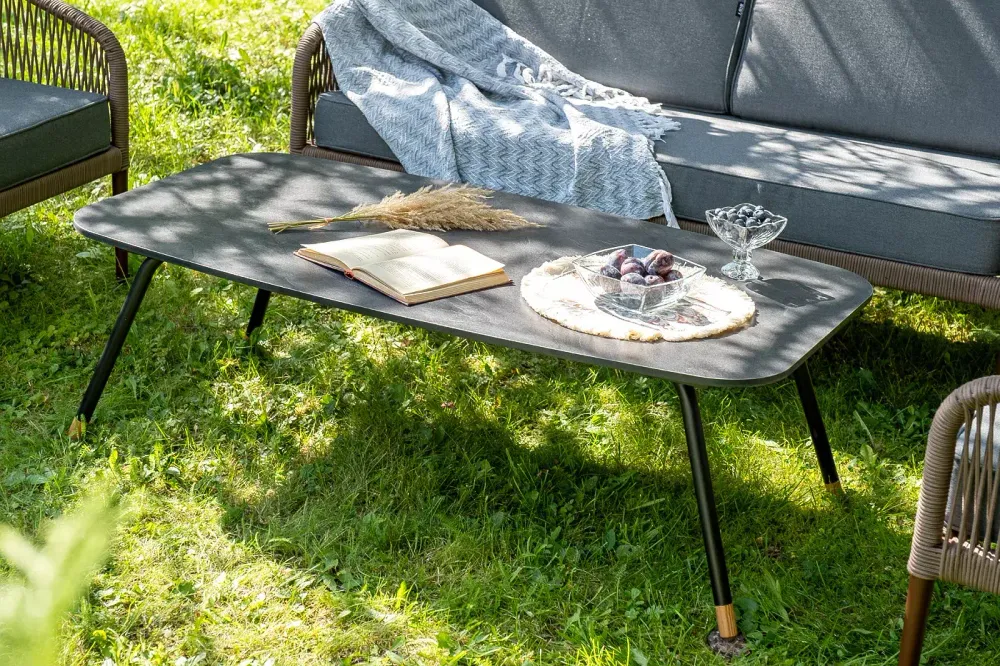 "Канны" лаунж-зона 4-местная из роупа со столом "Верона" (серый гранит), каркас алюминиевый коричневый, роуп коричневый