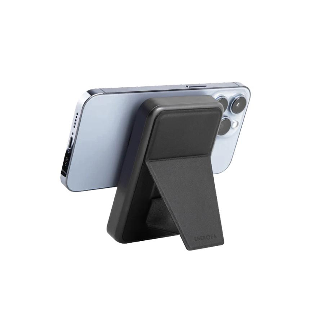 Внешний аккумулятор MagSafe с подставкой Energea MagPac Grip 10K (10000 мА·ч) Беспроводная зарядка: Qi 15 Вт. Проводная зарядка: USB-C. Есть LED-индикация и поддержка PD. Энергоёмкость — 38,5 Вт·ч. Максимальная выходная мощность — 20 Вт