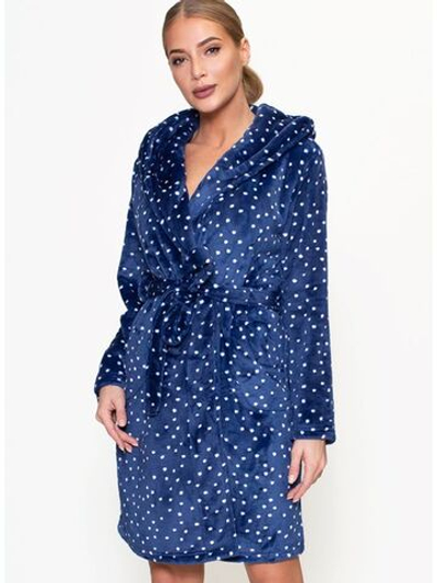 Короткий халат в горошек с капюшоном (Размер: S) (Цвет: темно-синий)