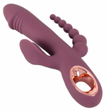 Сливовый вибратор с клиторальным отростком и анальным хвостом Slim Triple Plum - 21,4 см. (Цвет: сливовый)