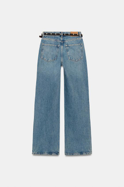 ZARA ДЖИНСЫ Z1975 С ВЫСОКОЙ ПОСАДКОЙ, ЗАУЖЕННЫЕ КНИЗУ, С РЕМНЕМ, ГОЛУБОЙ