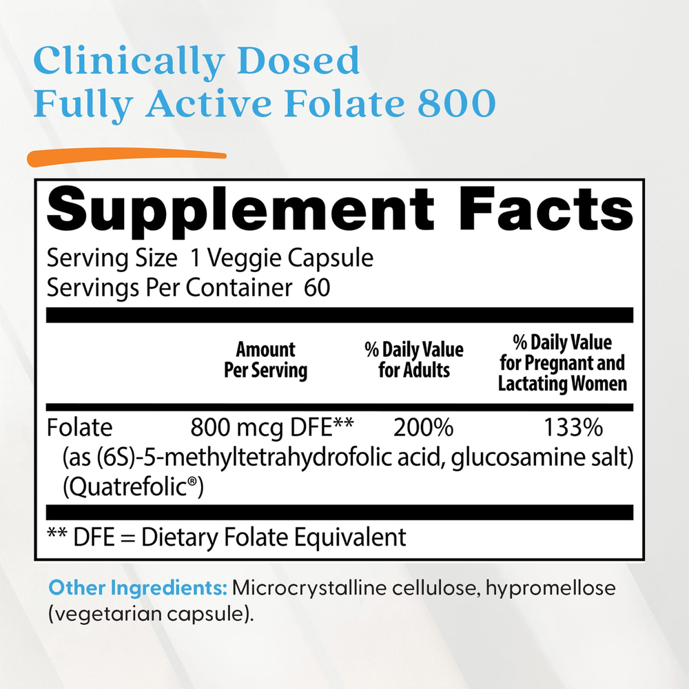 Doctor's Best, Fully Active Folate 800, фолат, 800 мкг, 60 растительных капсул