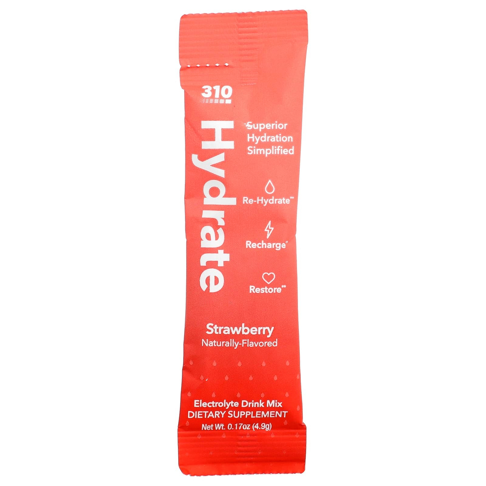 310 Nutrition, Hydrate, смесь для приготовления электролитов, клубника, 30 стиков по 4,9 г (0,17 унции)