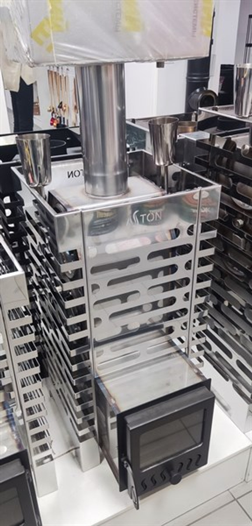 Печь для бани ASTON 20 INOX стекло с баком на трубе 50л Ø115 (AISI 439)