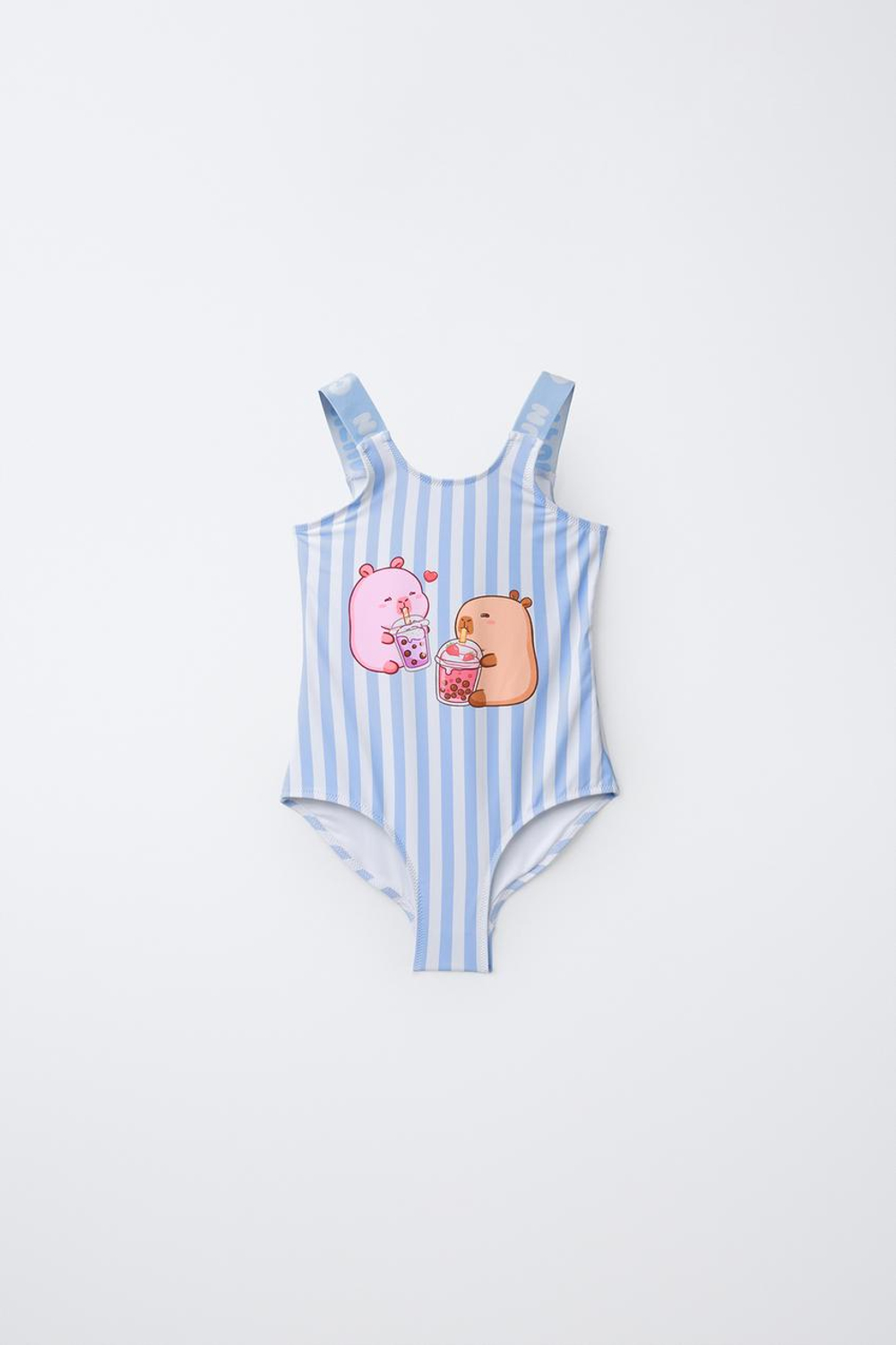 ZARA КУПАЛЬНИК В ПОЛОСКУ С КАПИБАРОЙ CAPYFUN ©, СИНИЙ