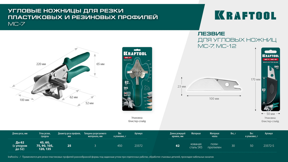 KRAFTOOL MC-7, угловые ножницы для пластмассовых и резиновых профилей (23372)