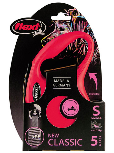 Поводок-рулетка Flexi New Classic S. Лента 5 м. для собак до 15 кг. Красный