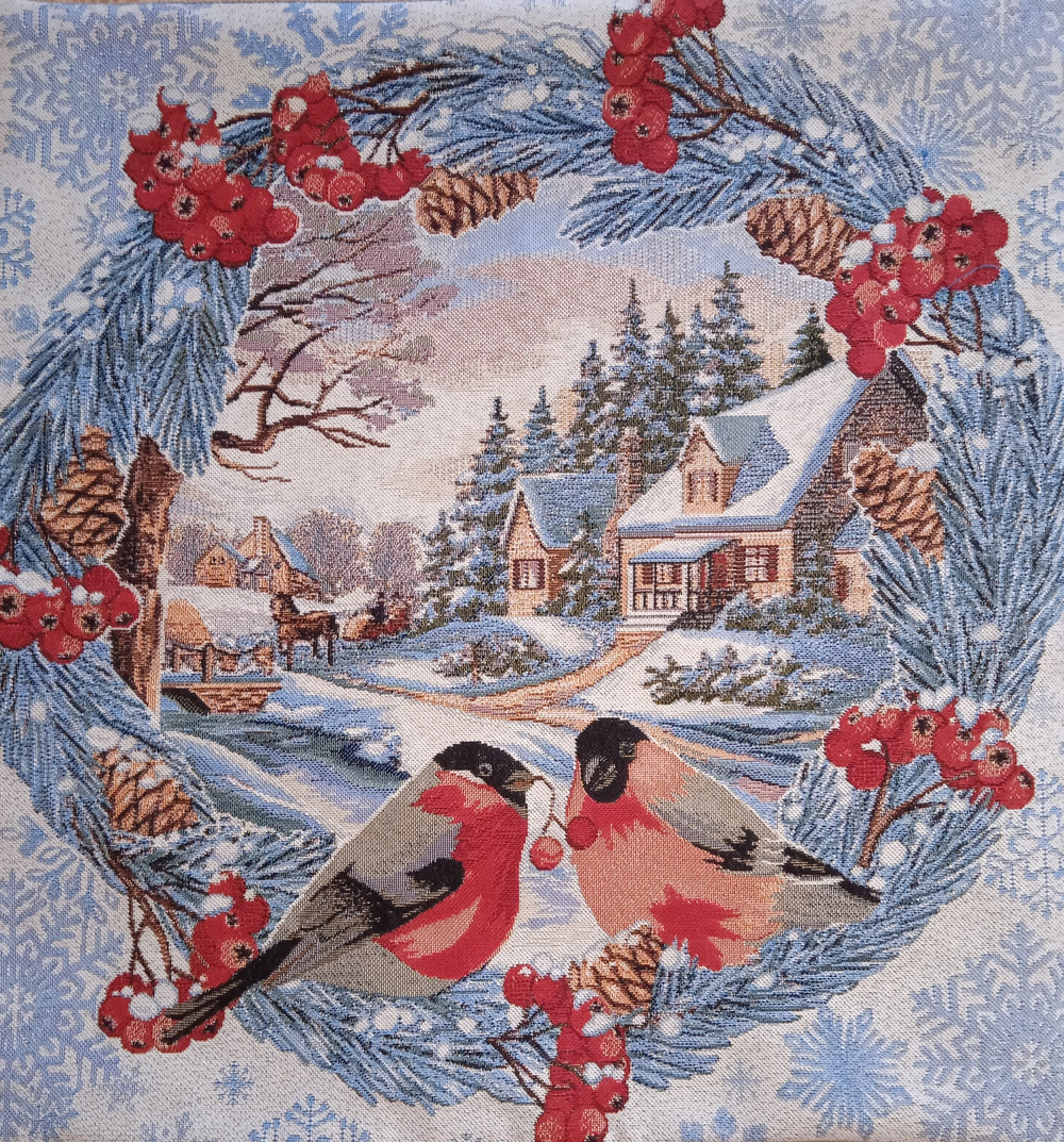 Декоративный гобеленовый чехол для интерьерной подушки Снегири за окном 47х47