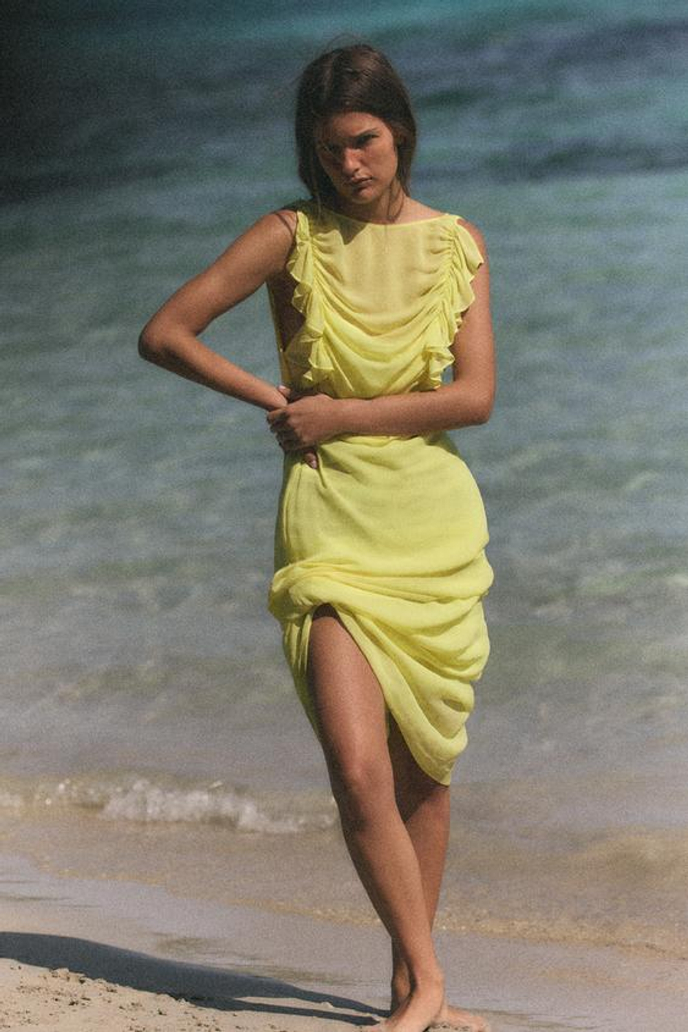 ZARA ДЛИННОЕ ПЛАТЬЕ ИЗ ЖОРЖЕТА, ЛИМОННО-ЖЕЛТЫЙ