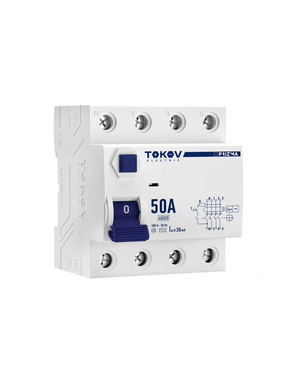 Выключатель дифференциального тока (УЗО) 4п (3P+N) 50А 30мА тип AC 6кА PRIZMA TOKOV ELECTRIC TKE-PZ60-RCDM-4-50-30-AC