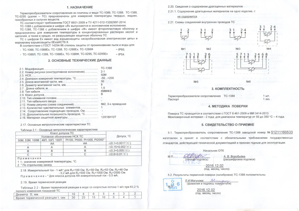 Термопреобразователь сопротивления ТС-1388 /2-1/ 50М/ -50...+200/ 30/ 8/ 1.5/КММФЭ/В3