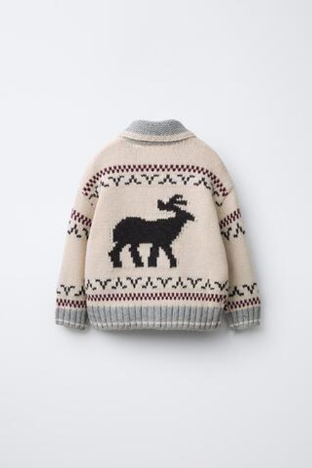 ZARA КАРДИГАН ИЗ СМЕСОВОЙ ШЕРСТИ С ОРНАМЕНТОМ ОЛЕНЕЙ, БЕЖЕВЫЙ