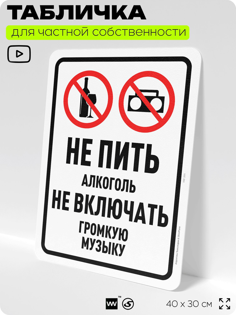 Табличка для частной территории "Не пить алкоголь, не включать громкую музыку", на дом, для участка, организаций и частных территорий, предупреждающая, 40х30 см, Silver Plane x Айдентика Технолоджи