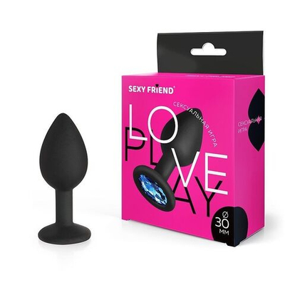 Черная силиконовая анальная втулка с синим кристаллом - 7,3 см. (Цвет: синий)