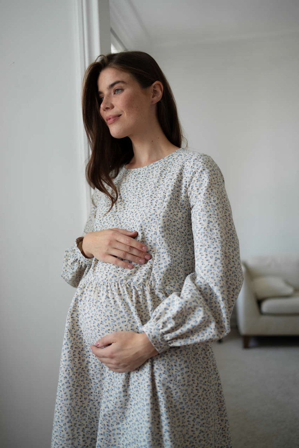 Платье Аврора из фланели, Кремовый с голубыми цветами