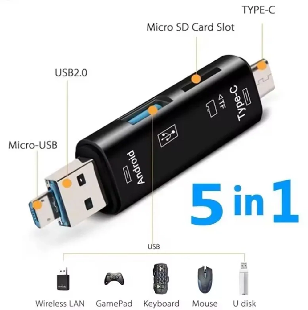 Картридер 5 в 1 Usb 2.0 ТипC/Usb/Micro/TF OTG