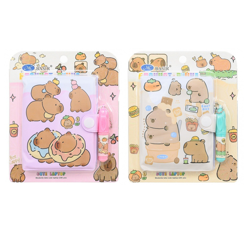 Блокнот детский Basir на кнопке, с ручкой, формат А7, серия "Капибара", размер 10.3*8 см