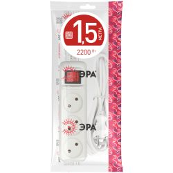 Удлинитель электрический ЭРА U-3s-1,5m-2x1 без заземления c выключателем 3 розетки 1,5м ПВС 2x1мм2 10А | Бытовые удлинители