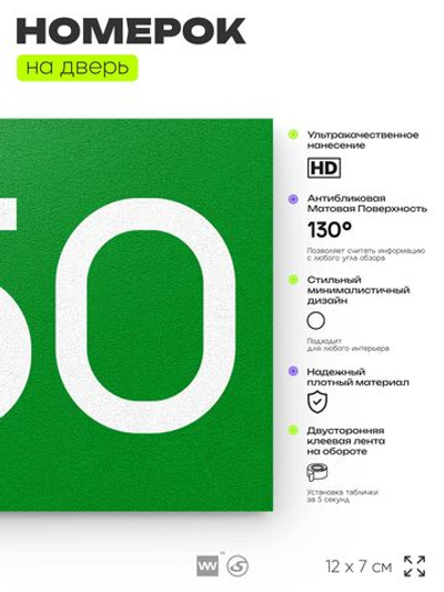 Номер на дверь 250, табличка на дверь для офиса, квартиры, кабинета, аудитории, склада, зеленая 120х70 мм, Айдентика Технолоджи