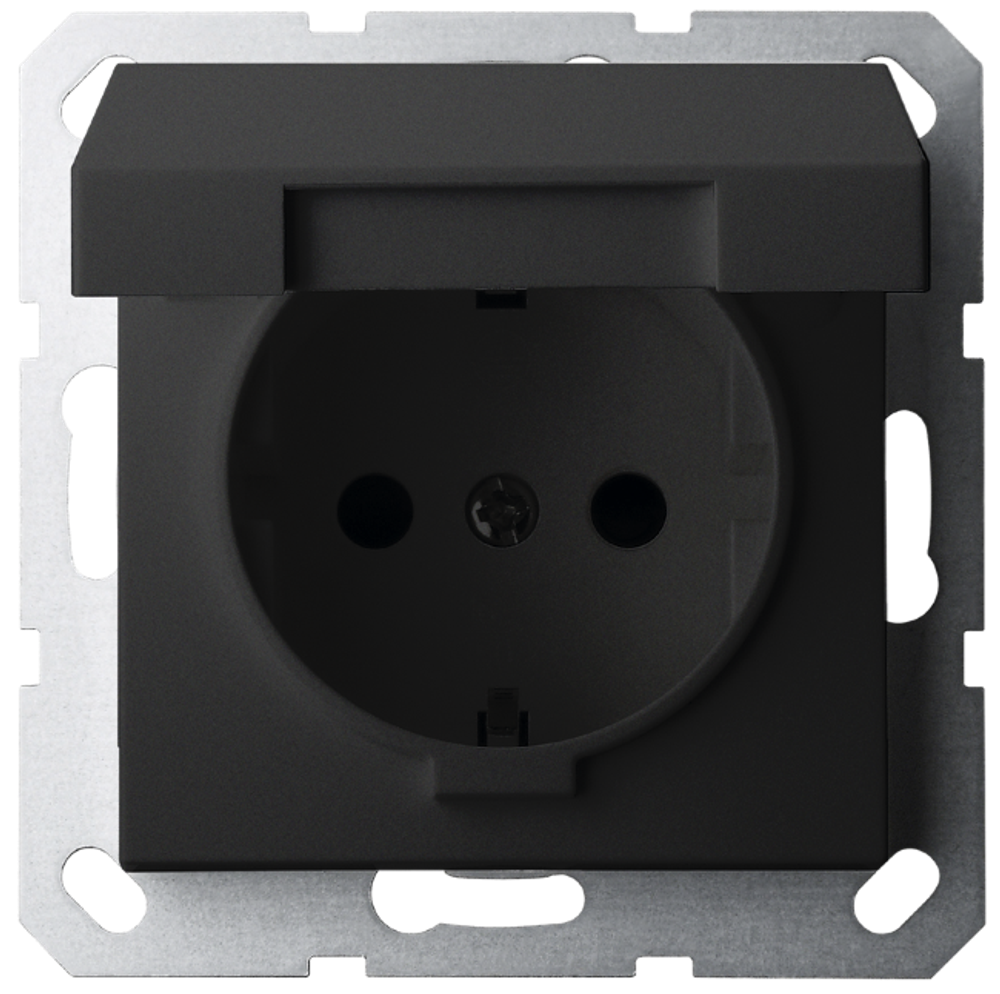 Розетка SCHUKO© с крышкой и защитными шторками 16A 250V~ 2P+T, цвет черный матовый (soft touch)