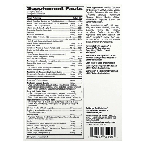 California Gold Nutrition, Ultamins, мультивитаминный комплекс для женщин старше 50 лет с коэнзимом Q10, грибами, ферментами, овощами и ягодами, 60 растительных капсул