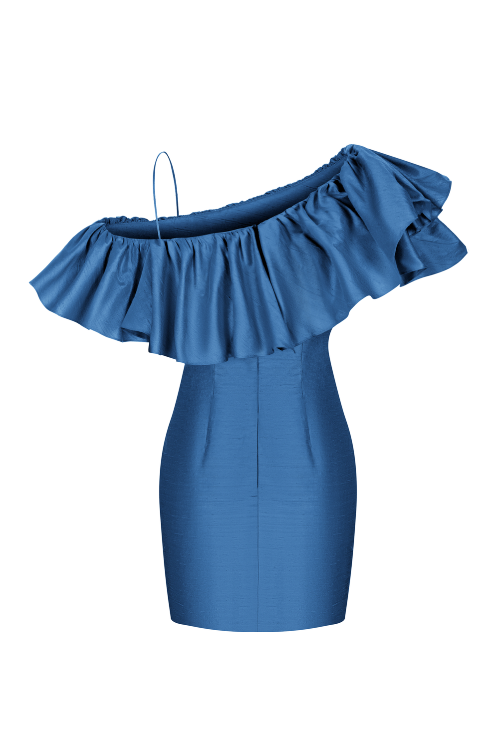 Платье мини шелковое на одно плечо с рюшами