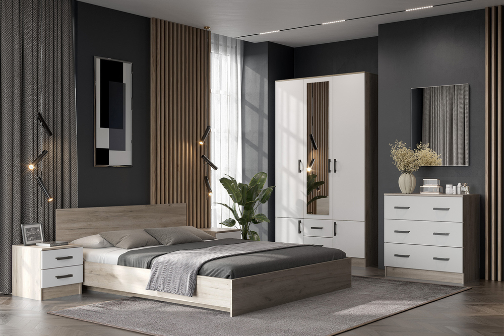 Шкаф трехстворчатый Ронда ШК-3, Дуб крафт серый, Белый