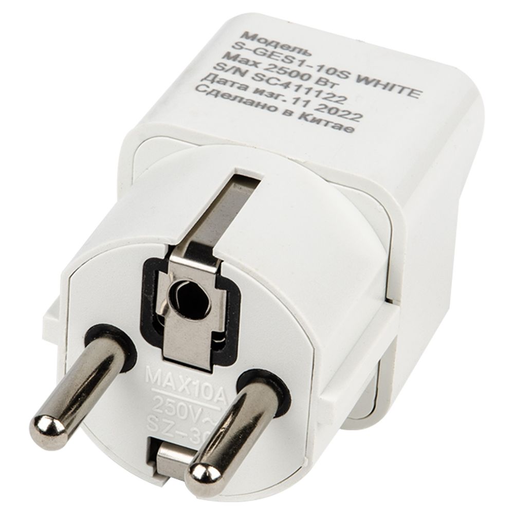 S-GES1-10S WHITE Переходник сетевой. 10А. 2500Вт. с заземлением. Белый. ТМ Uniel
