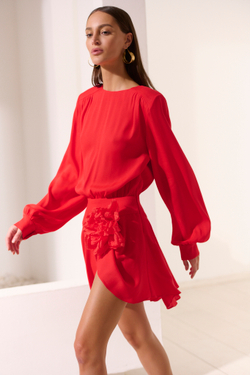 Платье асимметричное с цветком красное