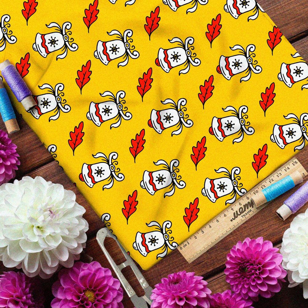 Ткань шелк Армани белые колокольчики и опадающие листья дуба