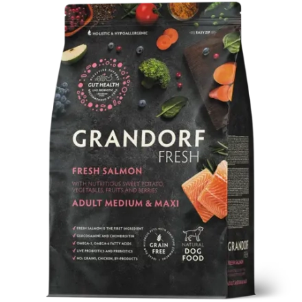 Grandorf Fresh, Fresh Salmon, Adult Medium & Maxi для собак средних и крупных пород (Свежее филе лосося с бататом)
