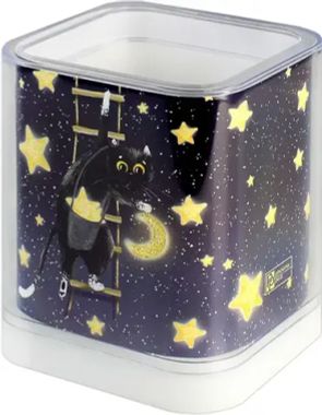 Подставка д/канц. принадлеж. (Феникс) КОТ НА НЕБЕ, 8,2х10,3х8,2 см, полистирол, желтый, синий, 1 отд. 59952