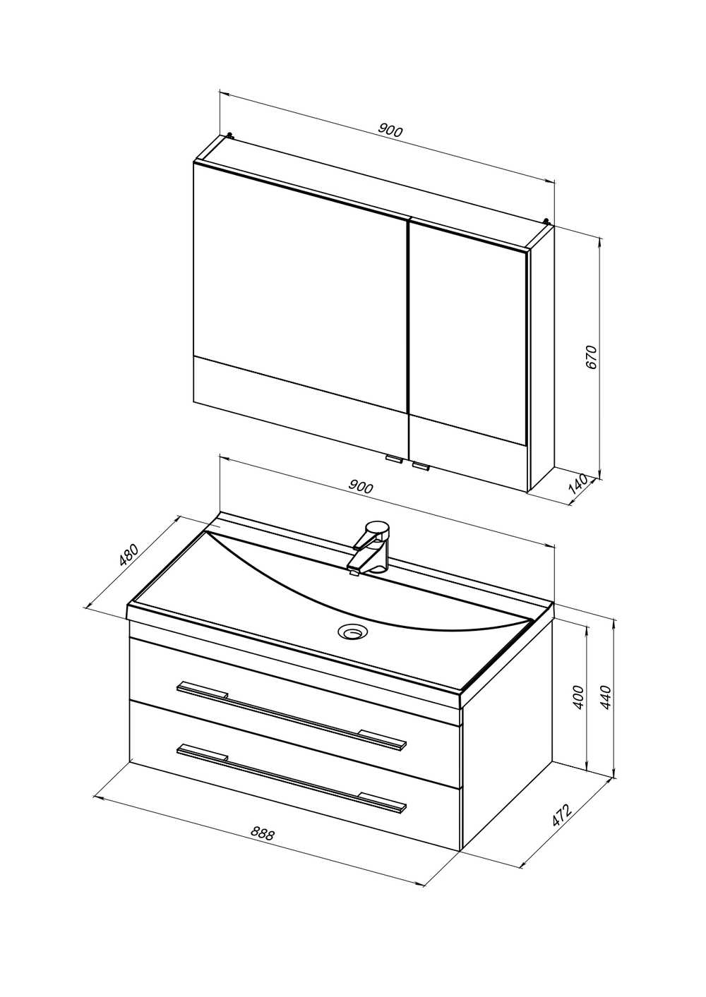 Комплект мебели для ванной Aquanet Нота NEW 90 белый (камерино)
