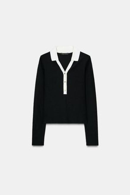 ZARA ТОП ПОЛО ИЗ ТКАНИ ИНТЕРЛОК С КОНТРАСТНЫМИ ЭЛЕМЕНТАМИ, ЧЕРНЫЙ