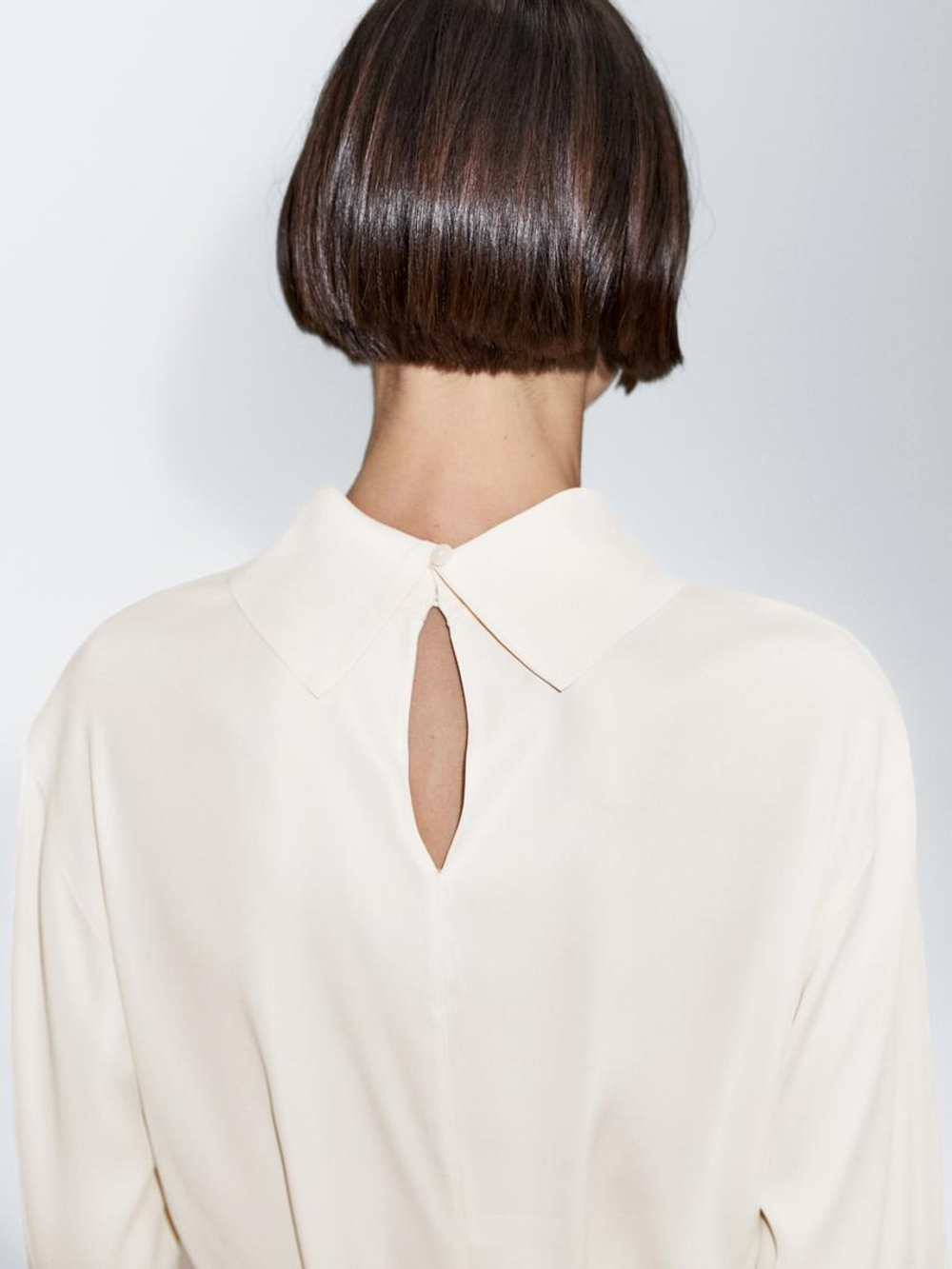 Massimo Dutti Блуза с длинными рукавами и шнурком, натуральный, кремовый