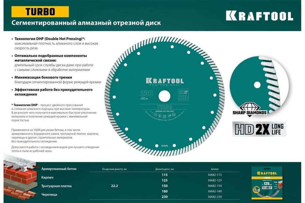 Диск алмазный отрезной турбо по бетону и кирпичу KRAFTOOL Turbo 125х22 мм 36682-125