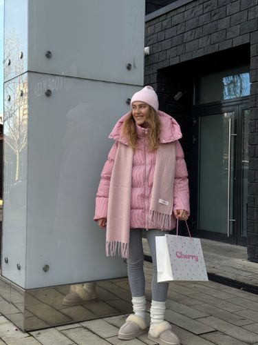 Пуховик Рокет миди розовый в полоску