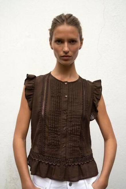 ZARA БЛУЗА С ВОЛАНАМИ И КРУЖЕВОМ, КОРИЧНЕВЫЙ