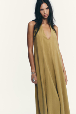 ZARA ПЛАТЬЕ МИДИ ИЗ СТРУЯЩЕЙСЯ ТКАНИ С ГОРЛОВИНОЙ ХАЛТЕР, ОЛИВКОВЫЙ